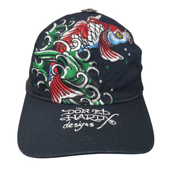 Don Ed Hardy Snapback Mesh Back Trucker Hat Embroidered Koi Fish Colorful - Picture 1 of 9